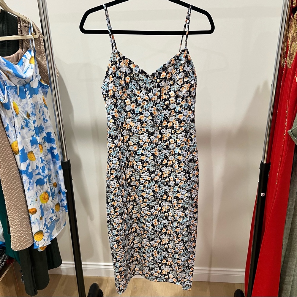 Commense Black Floral Midi Slip Dress with Blue & Cream Blooms